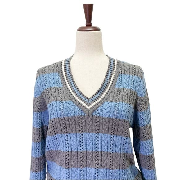 Liz Claiborne Cotton Cable Knit Sweater Size XL Blue Gray Stripe V-Neck VTG - Picture 4 of 12